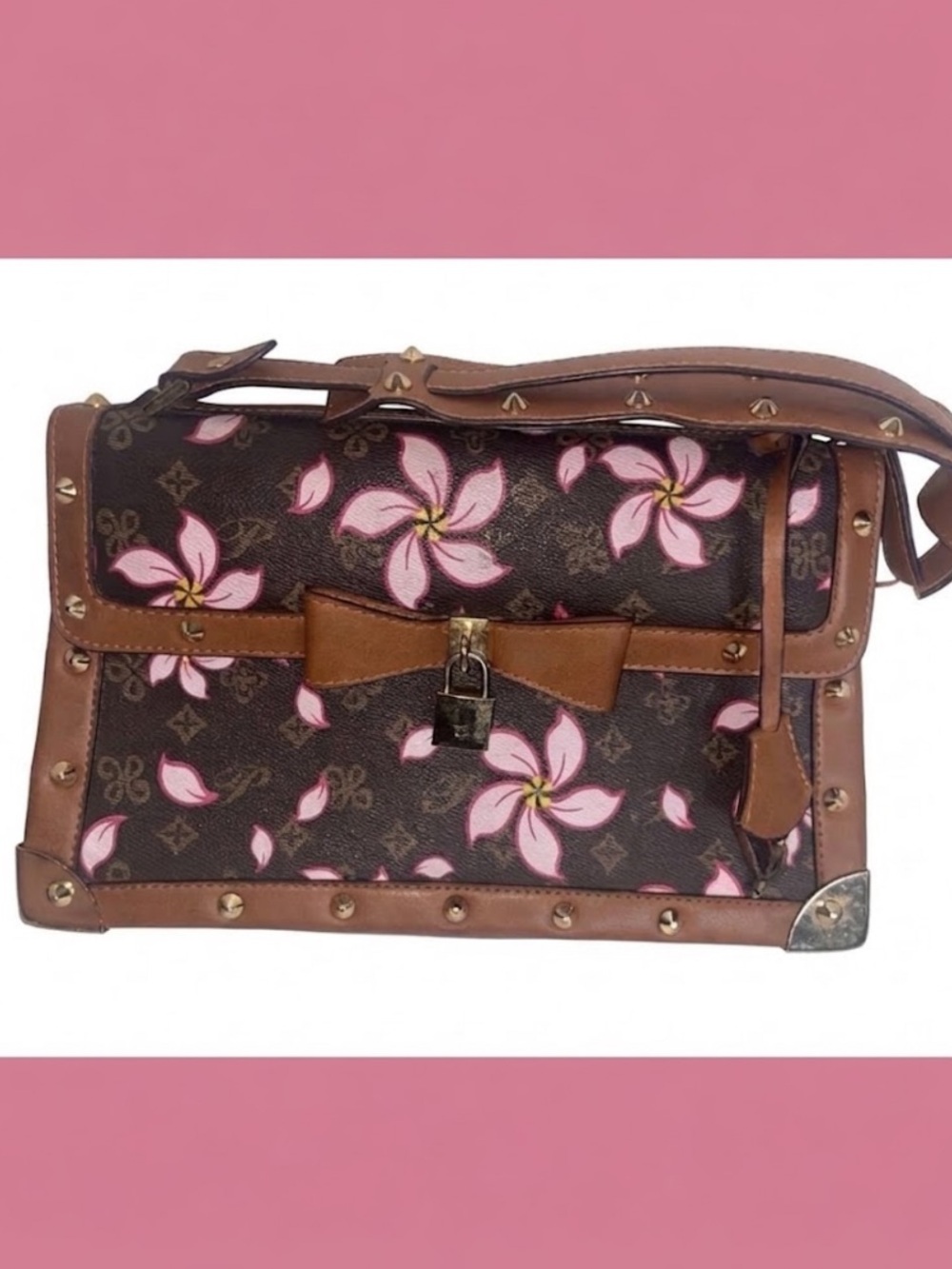 Diophy Cherry Blossom Trunk Shoulder Bag with Bow & Love Accent - Pink&Brown